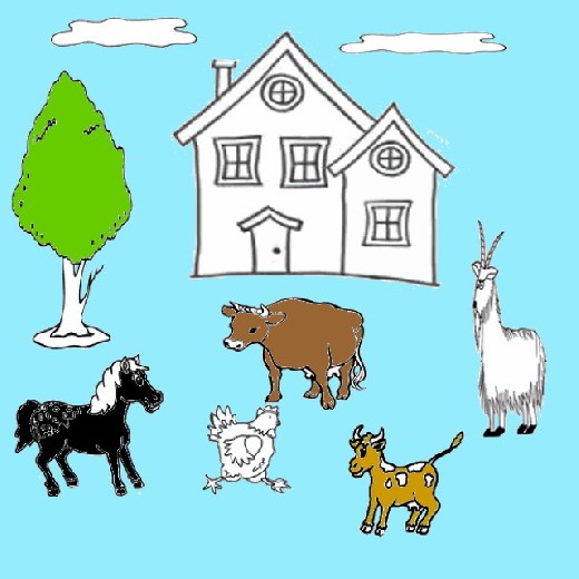 Obrázek, online omalovánka pro malé děti k vybarvení Zvířata na farmě, Krajina Obrázky ke stažení a vytištění zdarma.